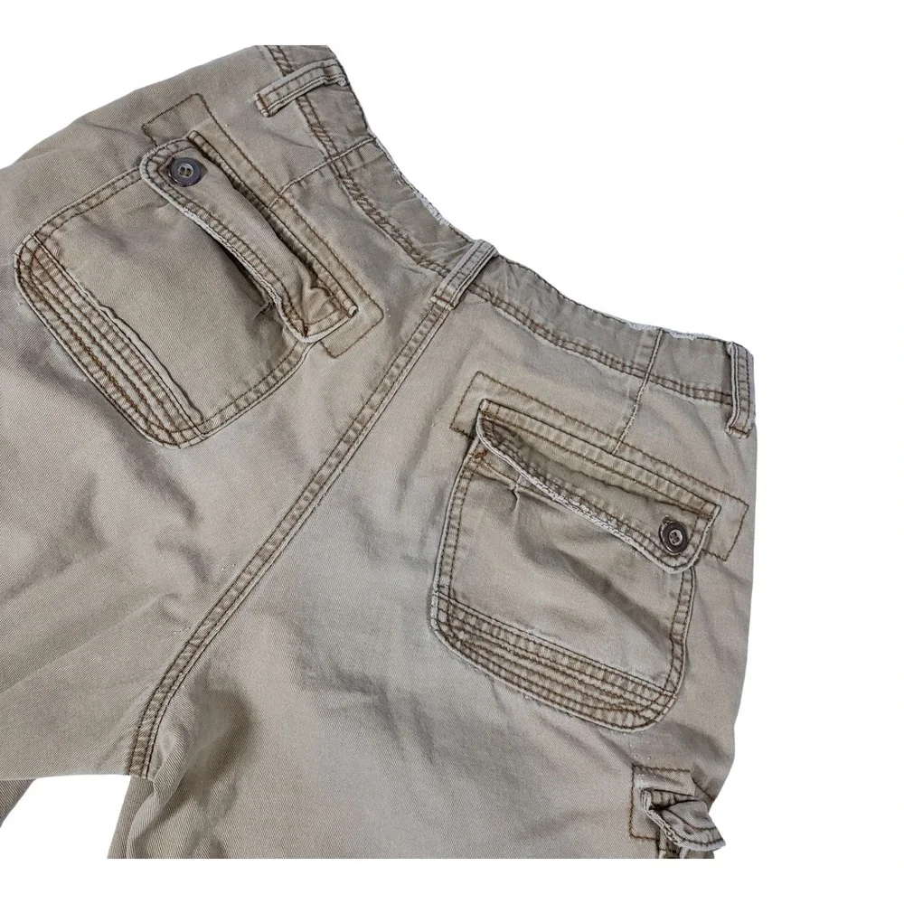 Pluggo Mens Khaki Tan Y2k Cargo Shorts Size 30 Distressed Raw Hem Cotton Utility
